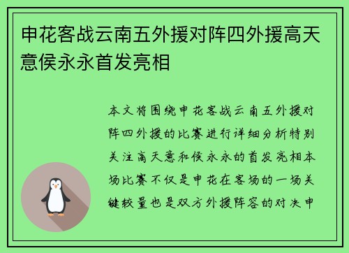 申花客战云南五外援对阵四外援高天意侯永永首发亮相