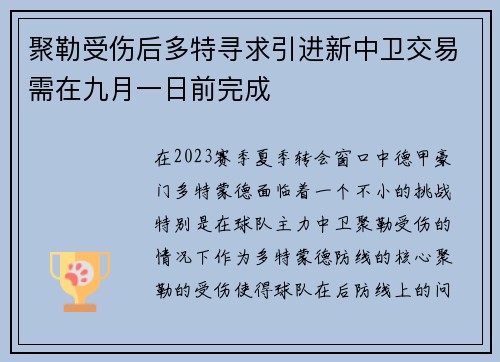 聚勒受伤后多特寻求引进新中卫交易需在九月一日前完成