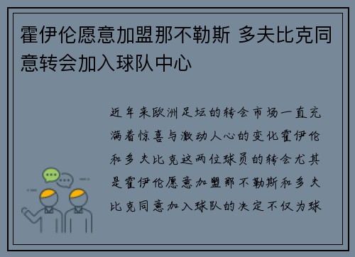 霍伊伦愿意加盟那不勒斯 多夫比克同意转会加入球队中心